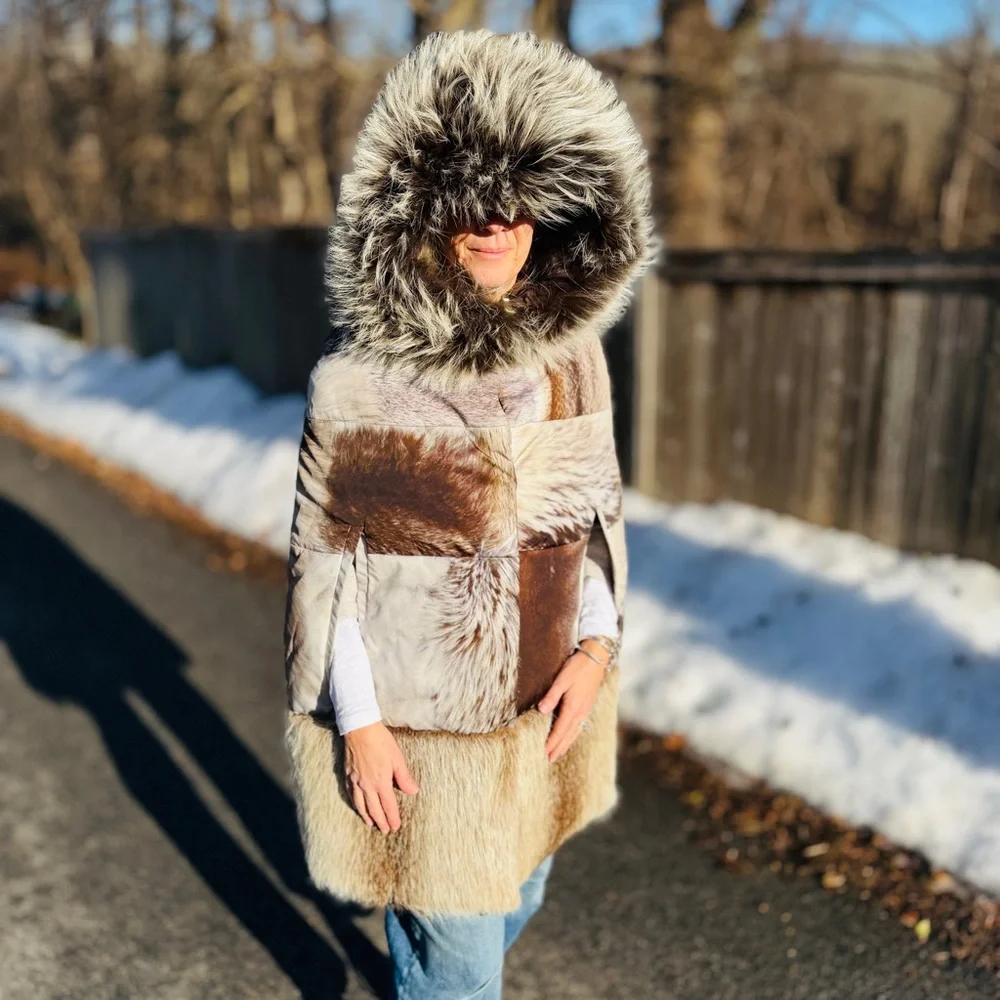 MONCLER GAMME ROUGE GIAMBATTISTA VALLI FUR HOODED CAPE 
One Size Fits Most - Picture 2 of 14